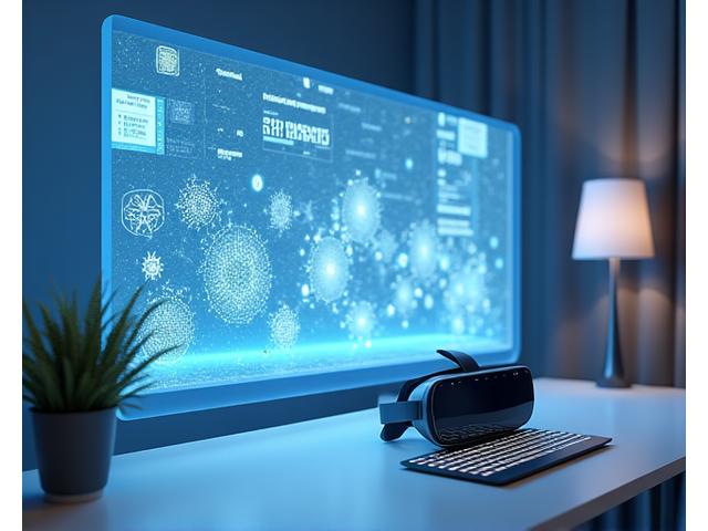 Futuristic digital interface displaying AI learning algorithms and VR/AR elements in a clean, professional setting.