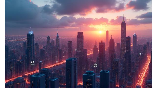 Technologie-Symbole wie Datenanalyse, Cloud und IoT schweben über einer Stadtlandschaft bei Sonnenuntergang