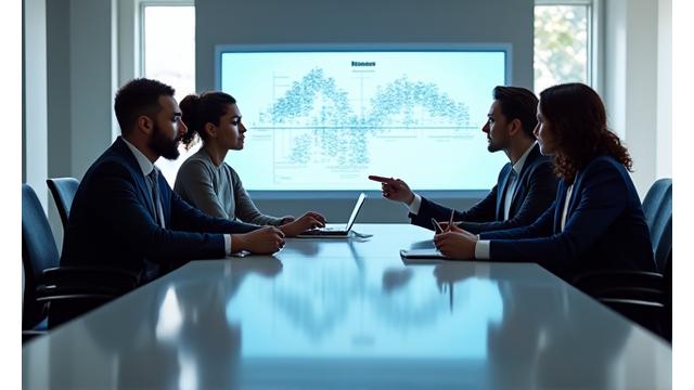 Eine Gruppe von Managern diskutiert Strategien in einem modernen Konferenzraum