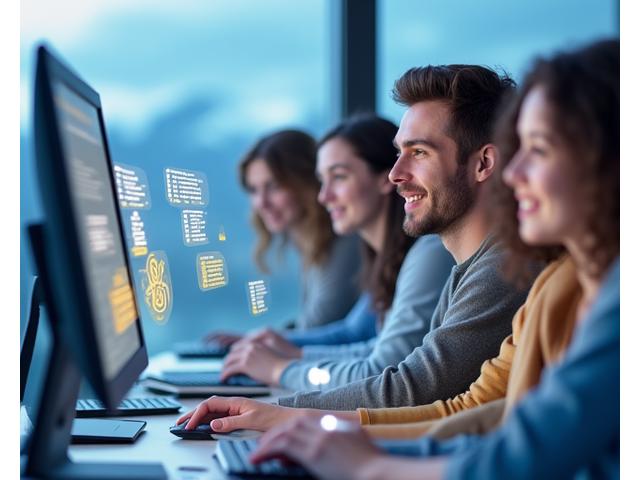 Lernende interagieren in einem virtuellen deutschen Sprachkurs mit interaktiver Sprachmatrix