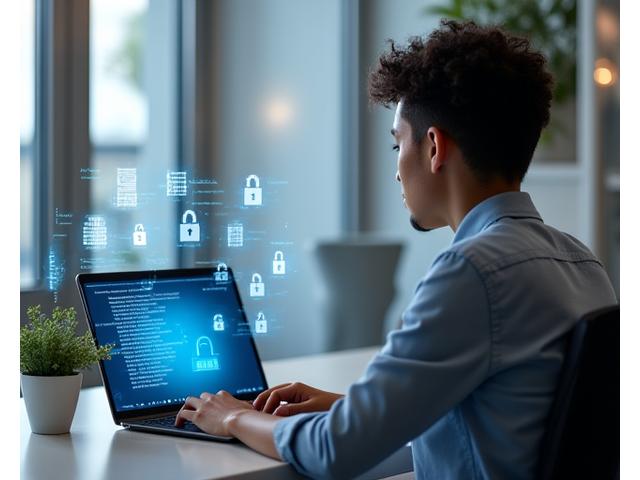 Ein Student absolviert eine Online-Prüfung unter sicherer Überwachung auf einem Laptop mit digitalem Overlay von Sicherheitssymbolen