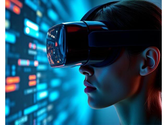 Eine Person navigiert durch eine immersive VR-Umgebung mit Datenvisualisierungen und Code-Elementen