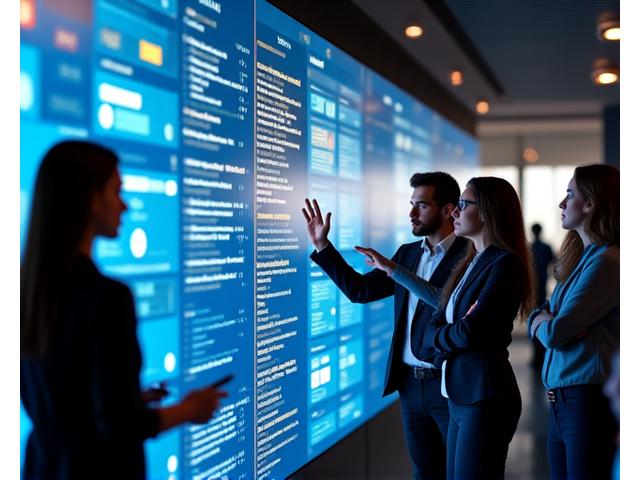 Eine Gruppe von Fachleuten bei einer interaktiven Schulung, ein großes Display zeigt Code und Datenvisualisierungen.