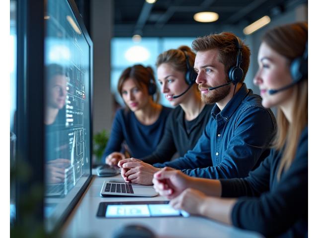 Ein Team von AlpenLern-Supportmitarbeitern und technischen Beratern, die in einem modernen, hellen Büro zusammenarbeiten und Benutzer über Laptops und Headsets unterstützen.