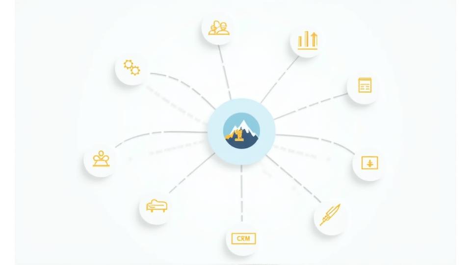 Ein Fließdiagramm, das die AlpenLern-Plattform in der Mitte zeigt, umgeben von Logos gängiger HR-, CRM- und Business-Software wie SAP, Salesforce und Microsoft 365, verbunden durch Pfeile, die einen nahtlosen Datenaustausch symbolisieren.