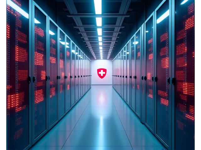 Ein modernes, sicheres Server-Rechenzentrum mit deutlichen Schweizer Flaggenmotiven und Schutzschildelementen, die Datenhoheit und Zuverlässigkeit symbolisieren.