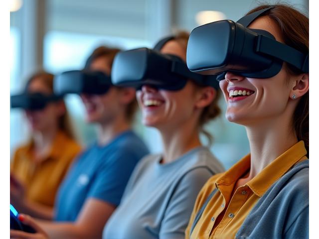Diverse group of learners using VR/AR devices, some with accessibility aids, in a bright, modern learning space, emphasizing inclusivity.