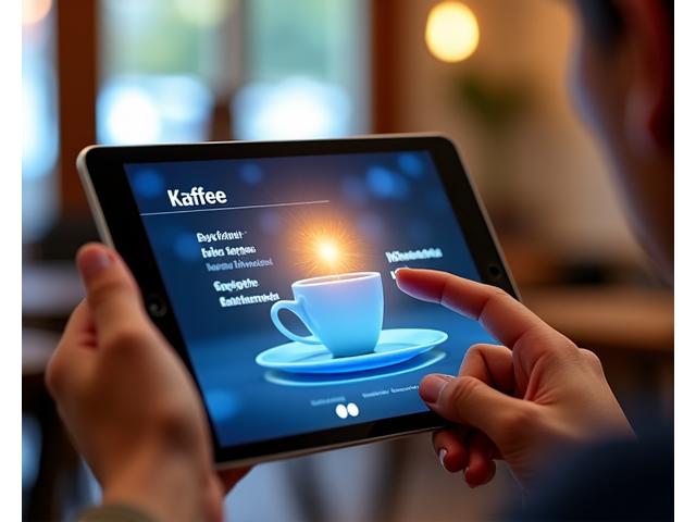 Student holding a tablet with an AR overlay showing real-time German translation and cultural context of objects in a Swiss café.