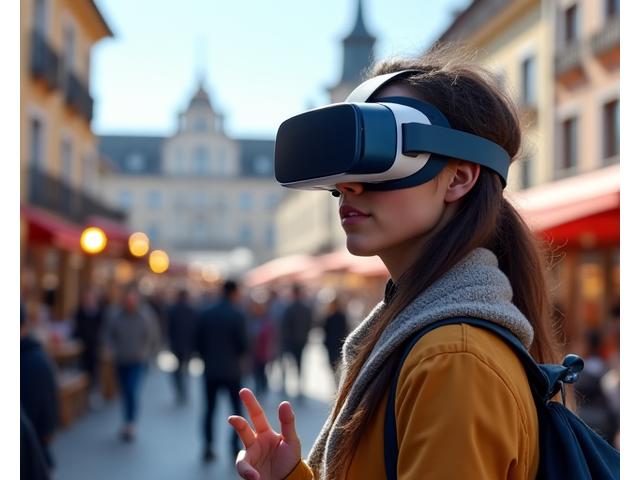 Student in VR headset engaged in a virtual conversational scenario set in a bustling Swiss market, practicing German with AI characters.