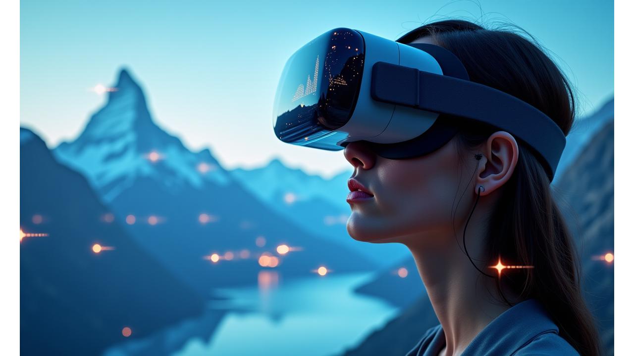 Person in VR headset interacting with a holographic Swiss landscape overlayed with German text, depicting immersive learning.