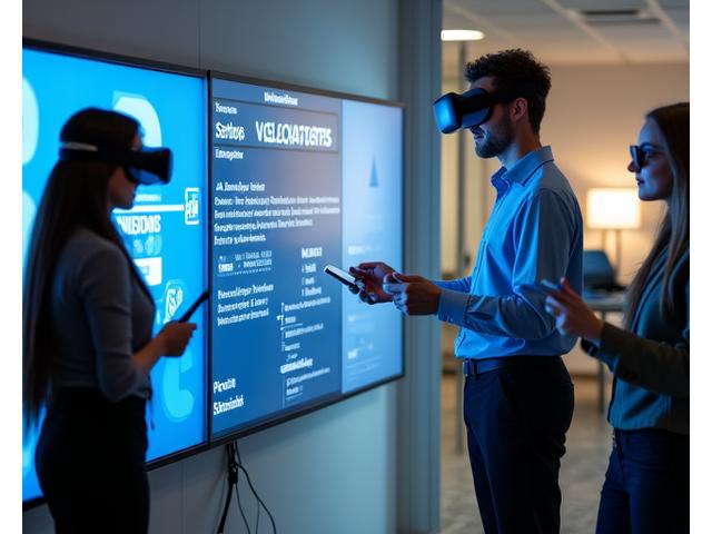 AlpenLern specialists providing technical support and training for VR/AR education to corporate clients in a modern office setting.