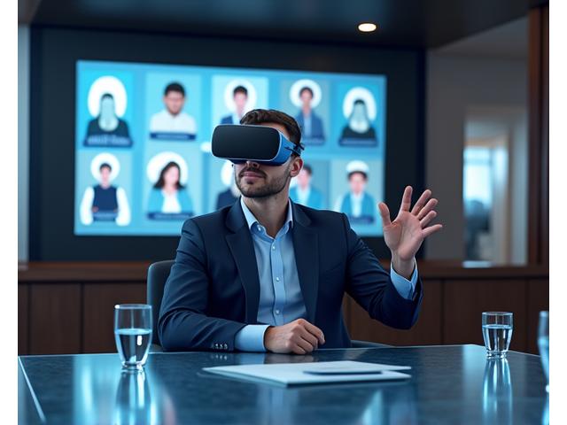 Professional in a virtual executive boardroom simulation, practicing a presentation to AI avatars, demonstrating realistic workplace training.