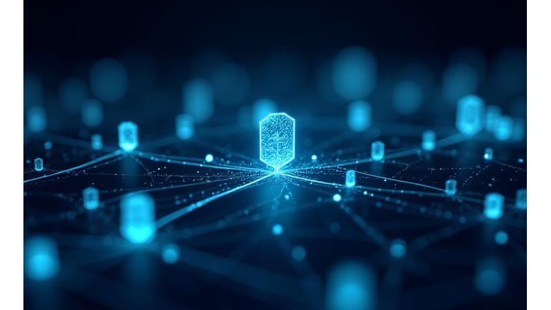 Ein abstraktes Darstellung des Blockchain-Netzwerks mit Lichtlinien, die sich verbinden, und schwebenden digitalen Abzeichenikonen, die Sicherheit und Verifizierung symbolisieren.