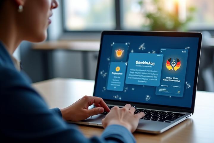 Eine professionell gekleidete Person, die an einem Laptop arbeitet, mit Overlays von Deutsch-Lern-App-Schnittstellen und winzigen digitalen Abzeichen, die Sprachkenntnisse symbolisieren.