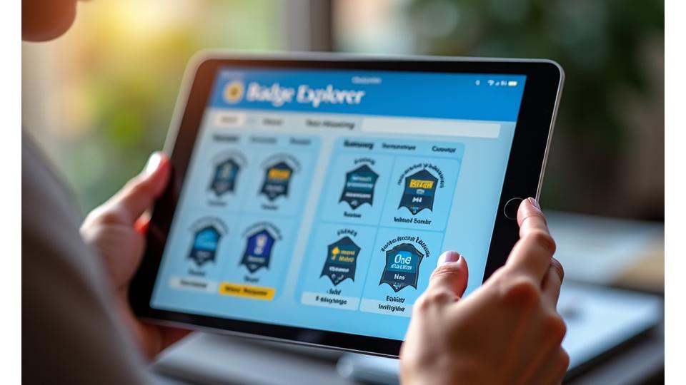 Interaktiver Bildschirm, der einen digitalen Ausweis-Explorer mit Filteroptionen für verschiedene Fähigkeiten zeigt, dargestellt auf einem Tablet mit einer Hand, die darauf tippt.