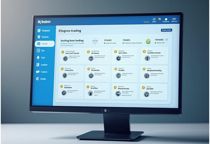 Ein freundliches und intuitives Dashboard einer E-Learning-Plattform auf einem grossen Bildschirm, die Micro-Credentials und digitale Abzeichen zeigt, mit Optionen zum Teilen und Organisieren von Portfolios.