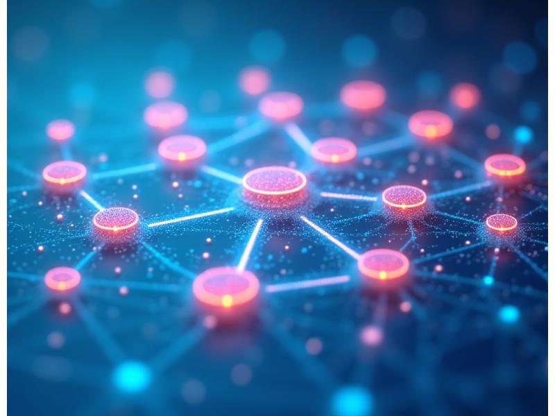 Eine visuelle Matrix von professionellen Fähigkeiten, dargestellt als miteinander verbundene Knotenpunkte. Jeder Knoten repräsentiert eine Fähigkeit und ist mit einem kleinen digitalen Abzeichen verknüpft, was die Breite der verfügbaren Micro-Credentials unterstreicht.
