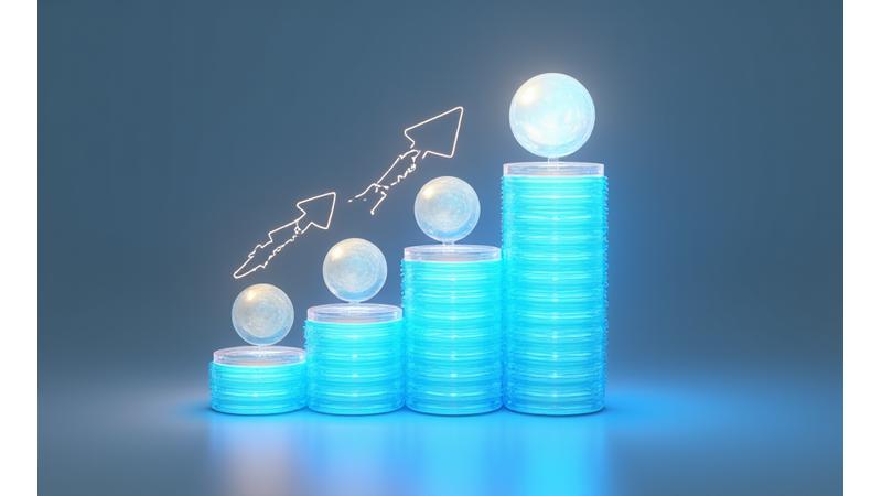 Eine visuelle Infografik, die einen Stapel von digitalen Abzeichen zeigt, die sich zu einem grösseren Zertifikat oder einer Karriereleiter summieren, mit Pfeilen, die den Fortschritt symbolisieren.