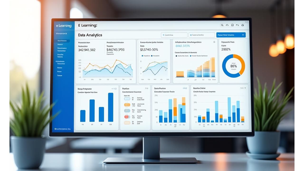 A vibrant, clean data analytics dashboard showing charts, graphs, and KPIs related to e-learning performance, with an emphasis on clarity and actionable insights.