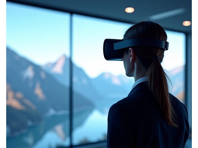 Person wearing a VR headset in a virtual classroom setting with Swiss Alps in the background, showcasing immersive learning.