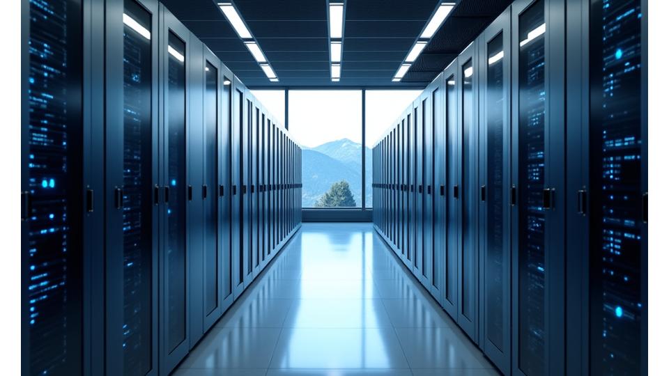 Ein modernes, hochsicheres Rechenzentrum in der Schweiz mit Serverracks und blauen Lichtakzenten.
