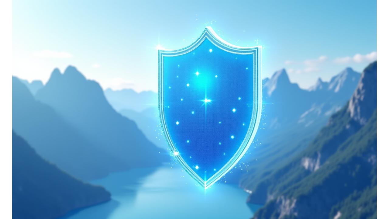 Ein starkes, stilisiertes Schild-Symbol mit Bergsilhouette im Hintergrund, das Datensicherheit und Privatsphäre symbolisiert.