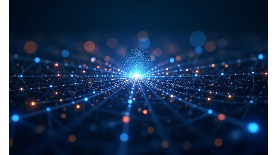 An abstract representation of an AI-powered analytic dashboard with glowing data points and interconnected nodes, suggesting intelligent insights and personalized learning paths, dominated by blue and teal tones.