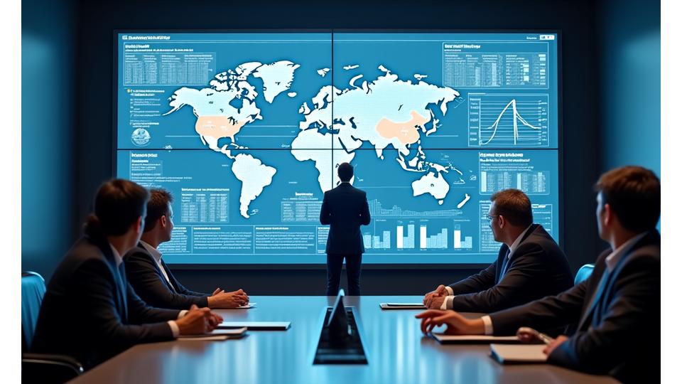 A corporate team in a bright, modern office reviewing data on a large screen, which displays charts and graphs representing team skill mapping and organizational analytics. The scene reflects efficiency and strategic planning. The image conveys professionalism and collaborative decision-making.