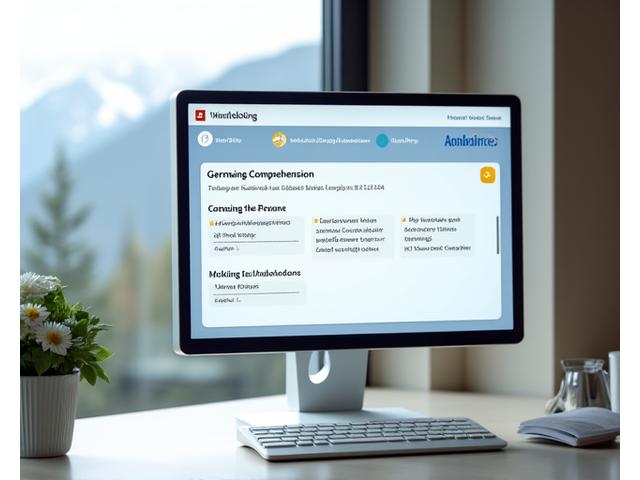 A close-up of a digital device displaying a German language assessment interface with audio components, a microphone icon, and text input fields, set against a background hinting at Swiss cultural elements like Alpine scenery and traditional architecture.