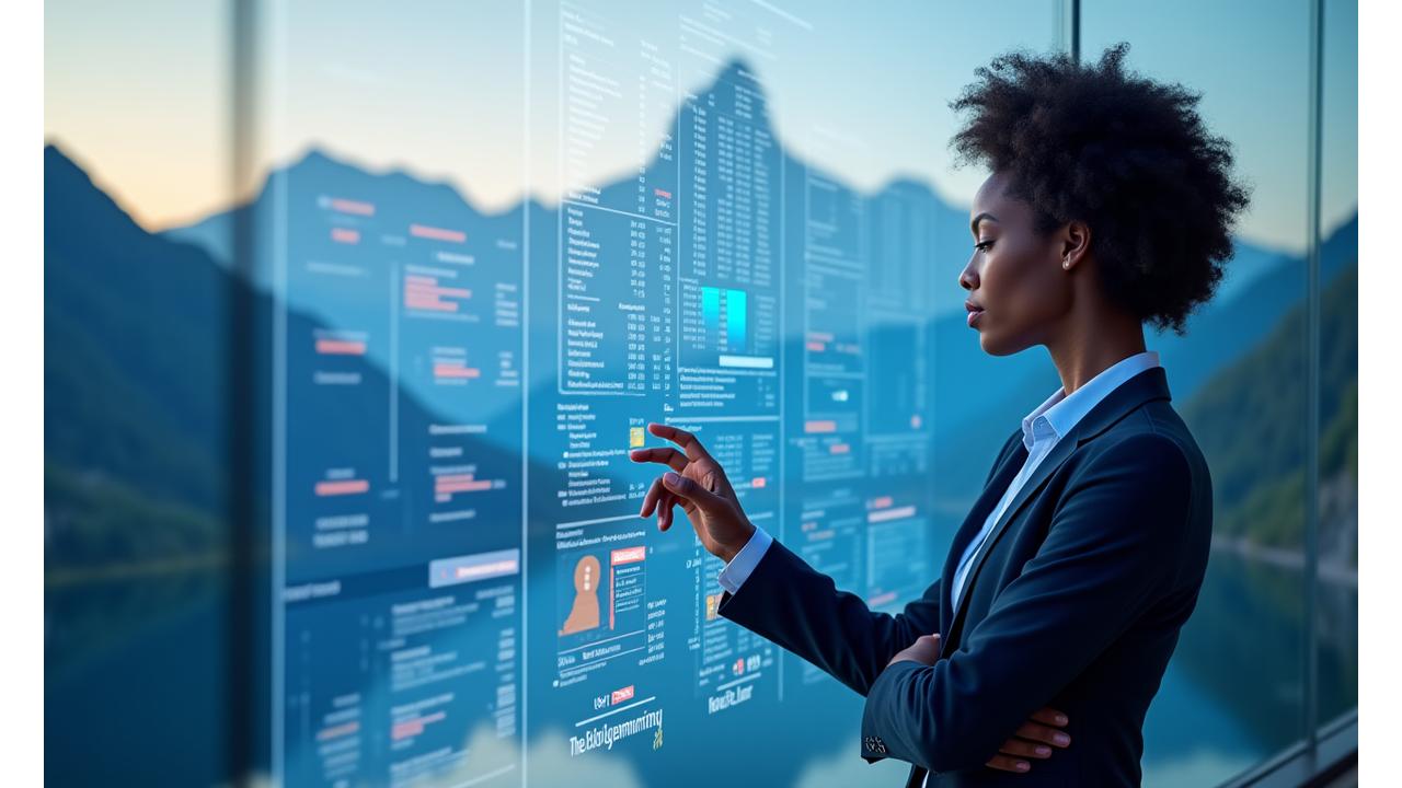 A person interacting with a modern, elegant digital interface showing skill assessment results and progress charts, with a Swiss mountain landscape subtly blurred in the background, signifying clarity and precision.