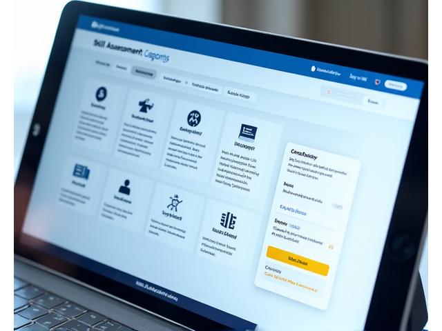 Digital interface showcasing various skill assessment categories in a grid, with elements of a sample question and a preview of assessment results. Icons represent categories like technical skills, language proficiency, and soft skills.