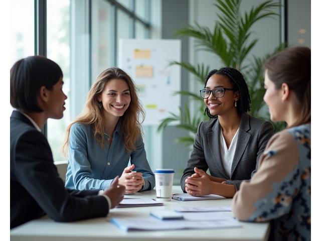 A diverse group of professionals in a modern, collaborative office setting engaged in a discussion, illustrating effective communication and leadership. The image should convey professionalism and positive interaction.