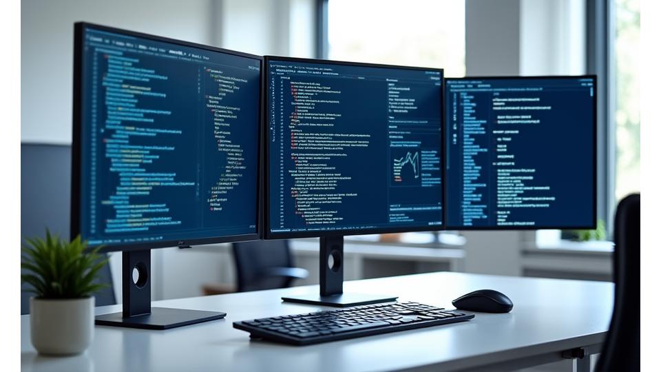A display showing code on one screen and data visualization insights on another, with technical tools subtly visible, representing the evaluation of technical and digital skills in an office environment.