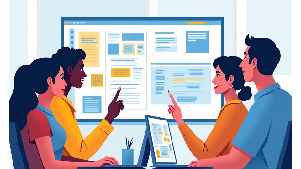 Illustration of diverse students interacting and collaborating on a shared digital workspace within a virtual classroom, depicting teamwork.