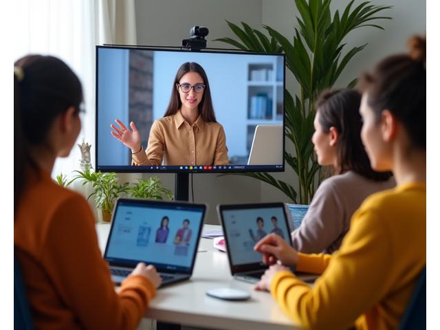 A small group of diverse students actively participating in a German language virtual class, with an instructor guiding them. Focus on engagement and cultural elements.