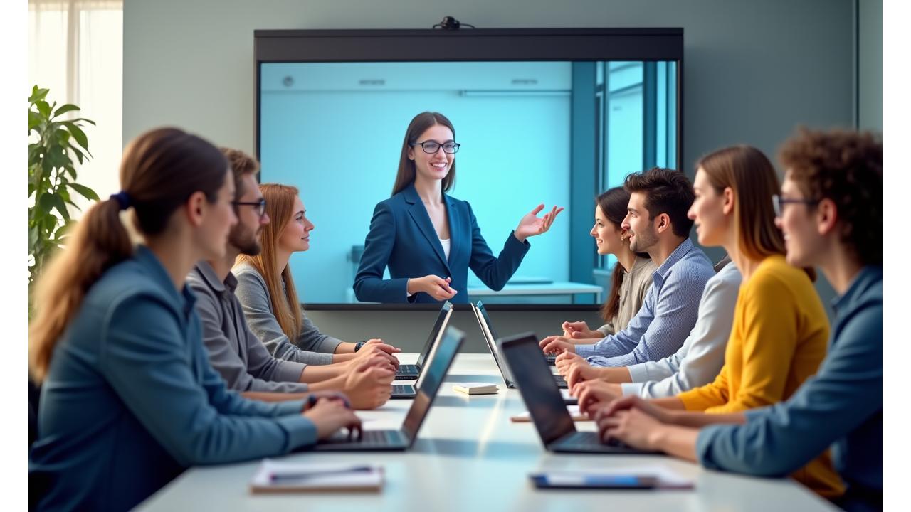 Desktop and tablet displaying an active, collaborative virtual classroom session with a German instructor and diverse students