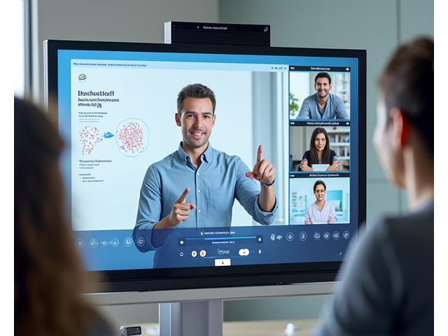 Screenshot of a virtual classroom interface with an instructor speaking and student avatars. Focus on clear video and interactive elements.